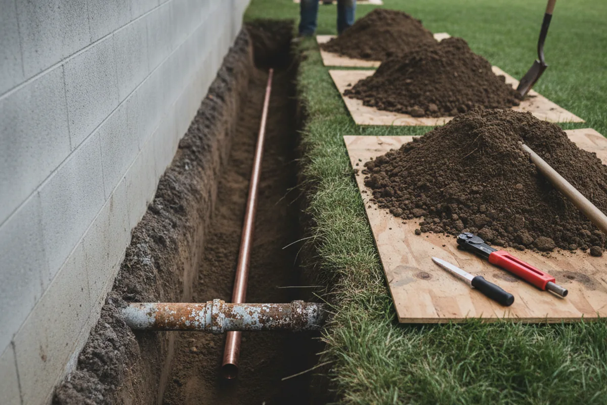 Excavated water line trench during Water Heater Repair in Sharpsburg